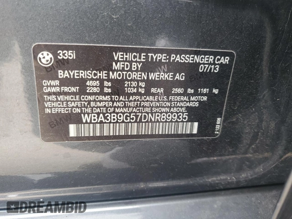 2013 BMW 3 Series 335i xDrive z VIN WBA3B9G57DNR89935, wystawiony jako Copart lot #52589845 z przebiegiem 198 094 mil mil oraz Szkoda całkowita • Salvage title. Historia ofert i sprzedaży dostępna na DreamBid. Obrazek 12.