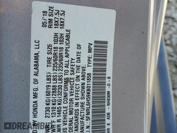 2019 Honda Odyssey EX with VIN 5FNRL6H59KB011858, listed as a Copart auction lot 60272445 with 54,708 mi miles and Salvage title. Bid and sale history available at DreamBid. Image 14.
