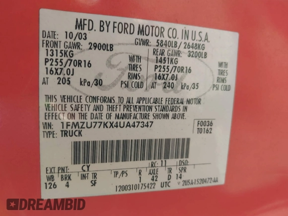 2004 Ford Explorer Sport Trac XLS with VIN 1FMZU77KX4UA47347, listed as a IAAI auction lot 41552967 with Not provided miles and . Bid and sale history available at DreamBid. Image 9.