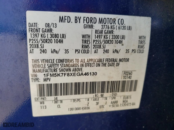 2014 Ford Explorer Limited with VIN 1FM5K7F8XEGA46130, listed as a Copart auction lot 46649385 with 186,505 mi miles and Salvage Title. Bid and sale history available at carsss.com. Image 13.