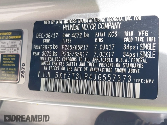 2018 Hyundai Santa Fe 2.4L with VIN 5XYZT3LB4JG557373, listed as a IAAI auction lot 42511741 with 142,572 mi miles and . Bid and sale history available at DreamBid. Image 9.
