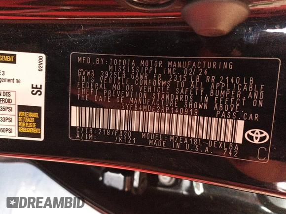 2024 Toyota Corolla LE with VIN 5YFB4MDE2RP140919, listed as a IAAI auction lot 42751174 with 26,809 mi miles and . Bid and sale history available at DreamBid. Image 1.