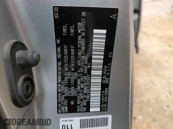 2020 Toyota Sienna LE Auto Access Seat with VIN 5TDKZ3DC7LS070827, listed as a Copart auction lot 45071994 with 101,563 mi miles and Salvage title. Bid and sale history available at DreamBid. Image 14.