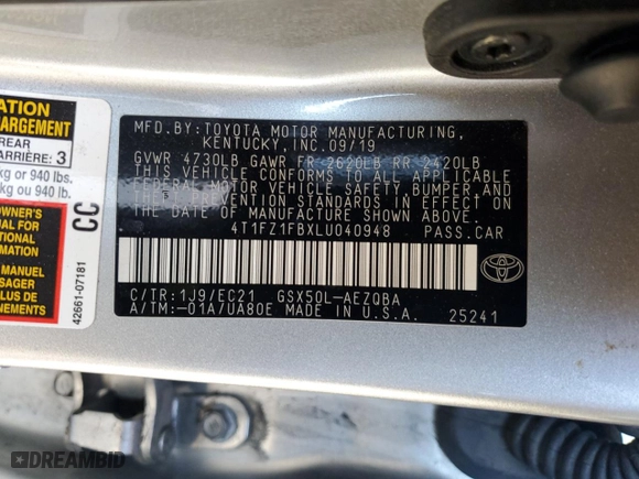 2020 Toyota Avalon XSE with VIN 4T1FZ1FBXLU040948, listed as a Copart auction lot 43630905 with 55,519 mi miles and Salvage Title. Bid and sale history available at carsss.com. Image 12.