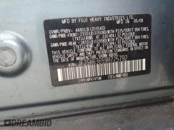 2009 Subaru Forester X с VIN JF2SH63659H725792, выставлен на аукционе Copart как лот 54832355 с пробегом Не указан миль и Чистый • Clean title. История ставок и продаж доступна на DreamBid. Изображение 13.