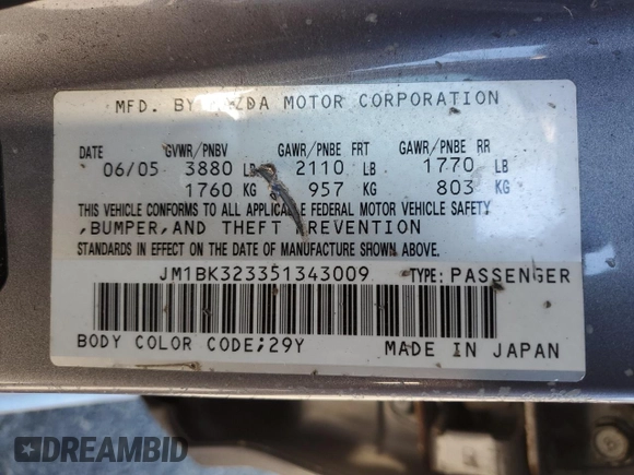 2005 Mazda 3 s with VIN JM1BK323351343009, listed as a Copart auction lot 45274015 with 124,019 mi miles and Clean Title. Bid and sale history available at carsss.com. Image 12.