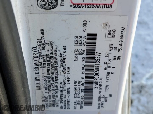 2011 Ford Fusion SPORT with VIN 3FAHP0DC5BR135597, listed as a Copart auction lot 87735365 with 122,545 mi miles and Salvage Title. Bid and sale history available at carsss.com. Image 13.