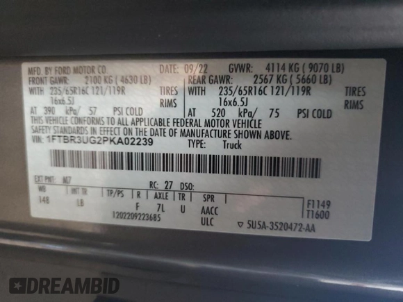 2023 Ford Transit with VIN 1FTBR3UG2PKA02239, listed as a Copart auction lot 82384484 with Not provided miles and Salvage title. Bid and sale history available at DreamBid. Image 14.