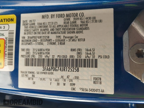 2018 Ford Fusion S with VIN 3FA6P0G74JR125258, listed as a IAAI auction lot 41845188 with 123,848 mi miles. Bid and sale history available at carsss.com. Image 9.