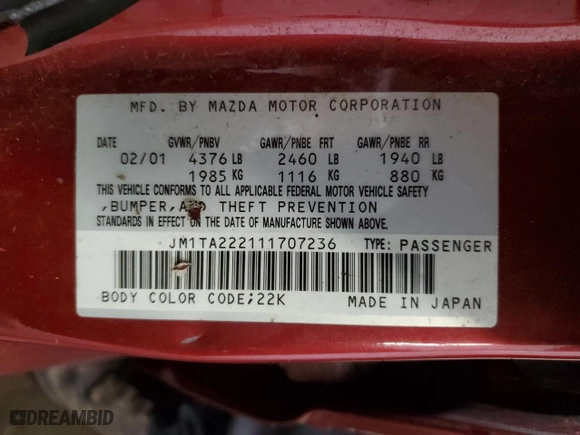 2001 Mazda Millenia S with VIN JM1TA222111707236, listed as a Copart auction lot 54690874 with NaN miles and Salvage Title. Bid and sale history available at carsss.com. Image 12.