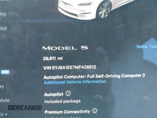 2021 Tesla Model S Long Range with VIN 5YJSA1E57MF428512, listed as a IAAI auction lot 42511020 with 29,611 mi miles and . Bid and sale history available at DreamBid. Image 15.