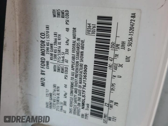 2018 Ford Transit Connect XLT with VIN NM0LS7F76J1365909, listed as a Copart auction lot 51819755 with Not provided miles and Salvage title. Bid and sale history available at DreamBid. Image 14.