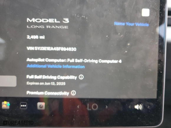 2025 Tesla Model 3 Long Range with VIN 5YJ3E1EA4SF894630, listed as a Copart auction lot 47039515 with 2,496 mi miles and Salvage Title. Bid and sale history available at carsss.com. Image 9.