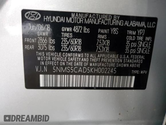 2019 Hyundai Santa Fe Ultimate with VIN 5NMS5CAD5KH002245, listed as a Copart auction lot 45110185 with 33,991 mi miles and Salvage Title. Bid and sale history available at carsss.com. Image 14.