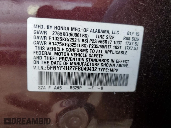 2015 Honda Pilot LX with VIN 5FNYF4H27FB049432, listed as a Copart auction lot 87842215 with 78,116 mi miles and Salvage Title. Bid and sale history available at DreamBid. Image 14.