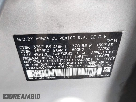 2015 Honda Fit LX with VIN 3HGGK5G52FM764205, listed as a IAAI auction lot 42641420 with 104,783 mi miles and . Bid and sale history available at DreamBid. Image 9.