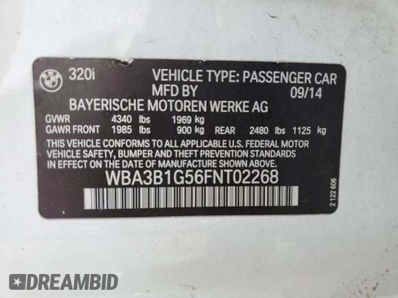 2015 BMW 3 Series 320i с VIN WBA3B1G56FNT02268, выставлен на аукционе Copart как лот 58822465 с пробегом 107 944 миль миль и Чистый • Clean title. История ставок и продаж доступна на DreamBid. Изображение 12.