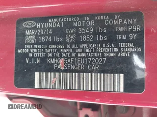 2014 Hyundai Accent GS with VIN KMHCT5AE1EU172027, listed as a IAAI auction lot 42165016 with 140,943 mi miles and . Bid and sale history available at carsss.com. Image 9.