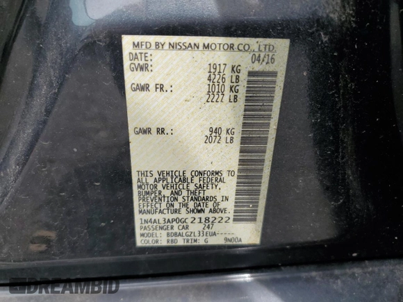 2016 Nissan Altima S with VIN 1N4AL3AP0GC218222, listed as a Copart auction lot 64100115 with 125,595 mi miles and Clean title. Bid and sale history available at DreamBid. Image 12.