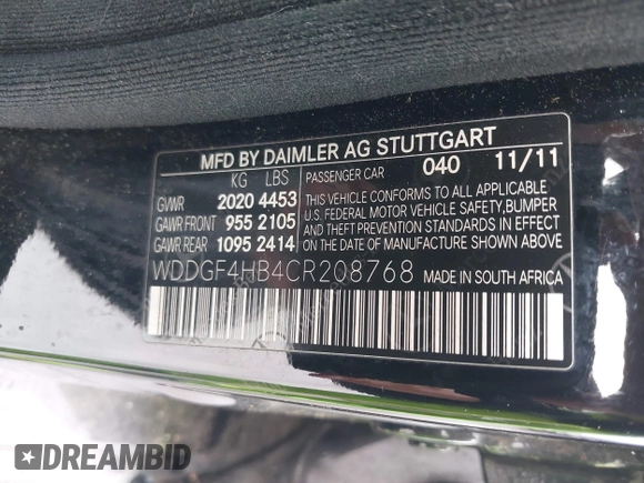 2012 Mercedes-Benz C 250 Sport with VIN WDDGF4HB4CR208768, listed as a IAAI auction lot 42233333 with 151,884 mi miles and . Bid and sale history available at DreamBid. Image 9.