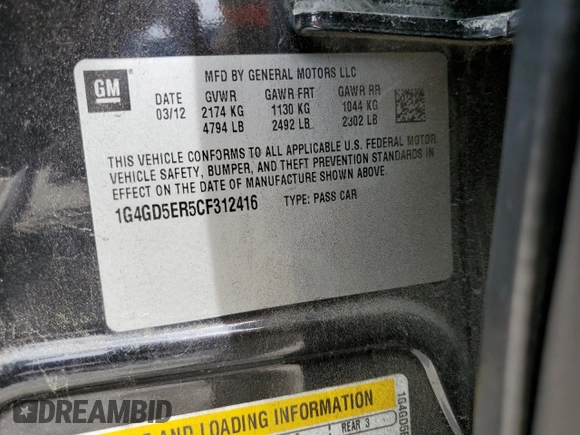 2012 Buick LaCrosse Premium 1 with VIN 1G4GD5ER5CF312416, listed as a Copart auction lot 53428545 with 108,324 mi miles and Salvage Title. Bid and sale history available at carsss.com. Image 12.