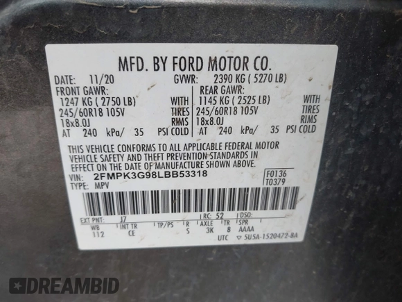 2020 Ford Edge SE с VIN 2FMPK3G98LBB53318, выставлен на аукционе IAAI как лот 42296878 с пробегом 81 461 миль миль и . История ставок и продаж доступна на DreamBid. Изображение 9.