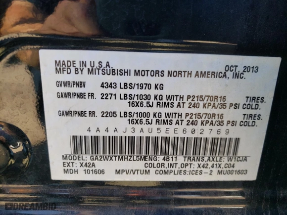 2014 Mitsubishi RVR SE with VIN 4A4AJ3AU5EE602769, listed as a Copart auction lot 69966344 with 174,821 mi miles and Salvage Title. Bid and sale history available at carsss.com. Image 13.