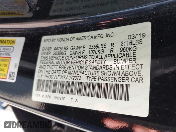 2019 Honda Accord Sedan Sport 1.5T with VIN 1HGCV1F34KA072372, listed as a IAAI auction lot 41433207 with 47,002 mi miles. Bid and sale history available at carsss.com. Image 9.