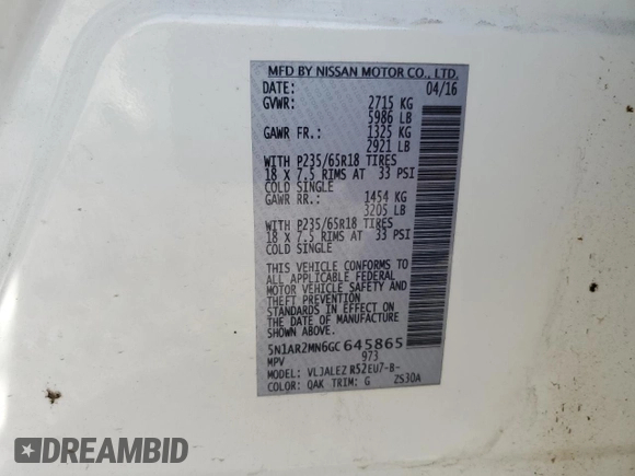2016 Nissan Pathfinder SV with VIN 5N1AR2MN6GC645865, listed as a Copart auction lot 49036805 with 120,170 mi miles and Salvage Title. Bid and sale history available at carsss.com. Image 15.
