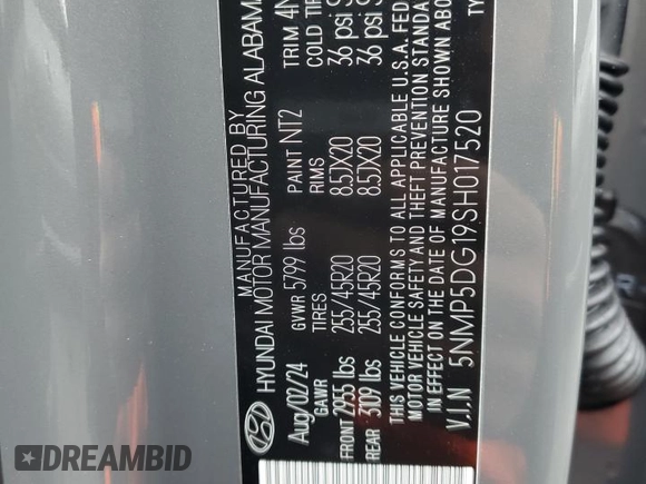 2025 Hyundai Santa Fe Calligraphy with VIN 5NMP5DG19SH017520, listed as a Copart auction lot 76859054 with 54 mi miles and Salvage title. Bid and sale history available at DreamBid. Image 14.