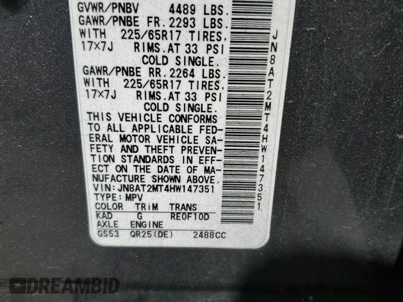 2017 Nissan Rogue S with VIN JN8AT2MT4HW147351, listed as a Copart auction lot 57682405 with 86,983 mi miles and Salvage title. Bid and sale history available at DreamBid. Image 14.