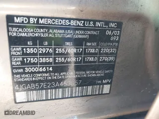 2003 Mercedes-Benz M-Class 3.7L with VIN 4JGAB57E23A453057, listed as a IAAI auction lot 41704721 with 190,649 mi miles. Bid and sale history available at carsss.com. Image 9.