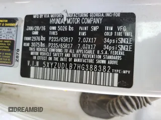 2017 Hyundai Santa Fe 2.4L z VIN 5XYZUDLB7HG388382, wystawiony jako Copart lot #57167315 z przebiegiem 128 724 mil mil oraz Szkoda całkowita • Salvage title. Historia ofert i sprzedaży dostępna na DreamBid. Obrazek 13.