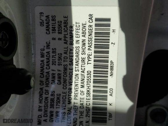 2019 Honda Civic Si Sedan with VIN 2HGFC1E58KH705530, listed as a Copart auction lot 47321205 with 70,444 mi miles and Salvage Title. Bid and sale history available at carsss.com. Image 15.