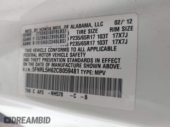 2012 Honda Odyssey EX-L with VIN 5FNRL5H62CB059481, listed as a IAAI auction lot 42241415 with 135,244 mi miles and . Bid and sale history available at DreamBid. Image 9.
