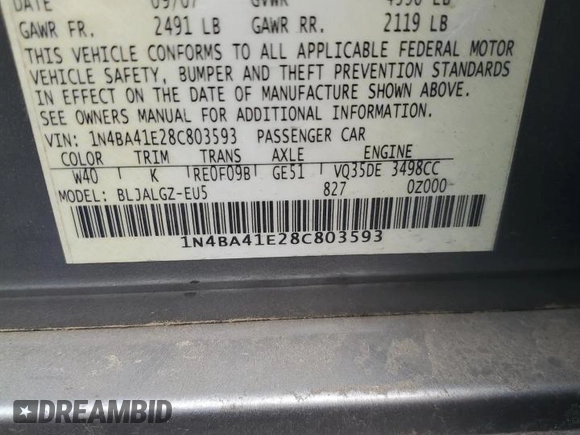 2008 Nissan Maxima 3.5 SE with VIN 1N4BA41E28C803593, listed as a Copart auction lot 48319845 with 316,172 mi miles and Salvage Title. Bid and sale history available at carsss.com. Image 12.