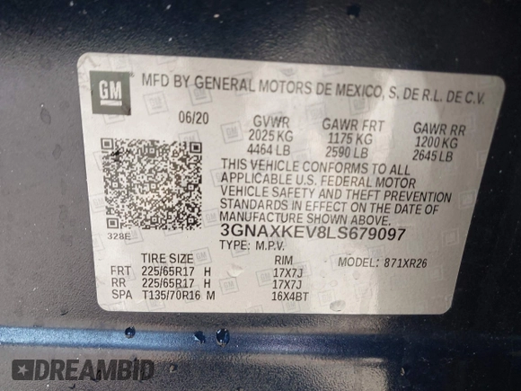 2020 Chevrolet Equinox LT with VIN 3GNAXKEV8LS679097, listed as a IAAI auction lot 41453201 with 59,105 mi miles and . Bid and sale history available at carsss.com. Image 9.
