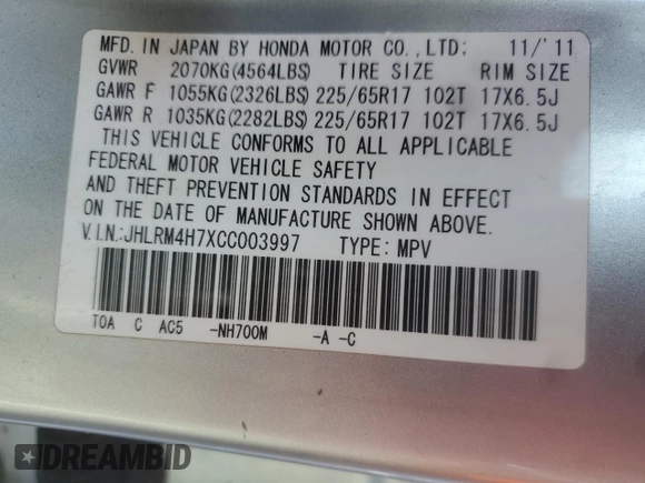 2012 Honda CR-V EX-L with VIN JHLRM4H7XCC003997, listed as a Copart auction lot 47689255 with 165,966 mi miles and Salvage Title. Bid and sale history available at carsss.com. Image 15.