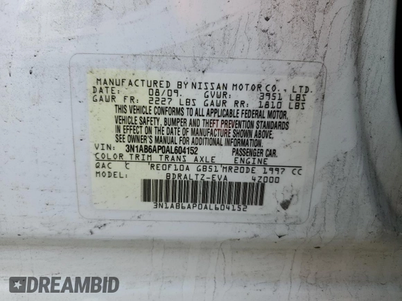 2010 Nissan Sentra SR with VIN 3N1AB6AP0AL604152, listed as a Copart auction lot 54831415 with 179,356 mi miles and Salvage Title. Bid and sale history available at DreamBid. Image 13.