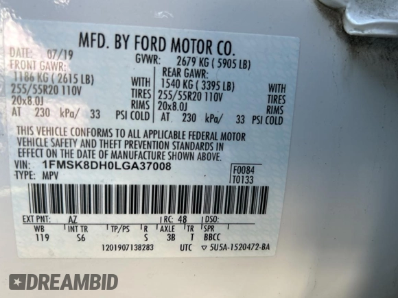 2020 Ford Explorer XLT with VIN 1FMSK8DH0LGA37008, listed as a Copart auction lot 55858655 with 75,527 mi miles and Clean Title. Bid and sale history available at carsss.com. Image 10.