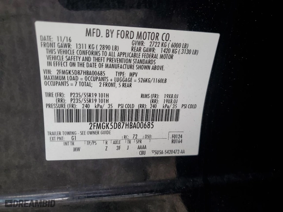 2017 Ford Flex Limited with VIN 2FMGK5D87HBA00685, listed as a Copart auction lot 39996584 with 64,491 mi miles. Bid and sale history available at carsss.com. Image 13.