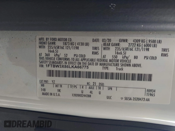 2020 Ford Transit Cargo with VIN 1FTBW3X86LKA66775, listed as a IAAI auction lot 42241856 with 66,985 mi miles and . Bid and sale history available at DreamBid. Image 9.