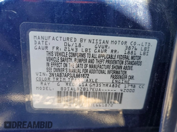 2018 Nissan Sentra SV with VIN 3N1AB7AP3JL661872, listed as a Copart auction lot 50361755 with 69,009 mi miles and Salvage Title. Bid and sale history available at DreamBid. Image 12.