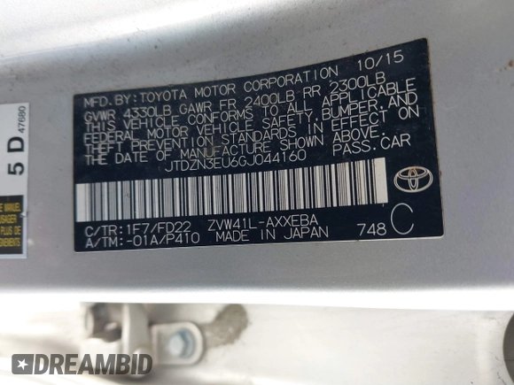 2016 Toyota Prius Two with VIN JTDZN3EU6GJ044160, listed as a IAAI auction lot 41202191 with 146,931 mi miles and . Bid and sale history available at DreamBid. Image 9.