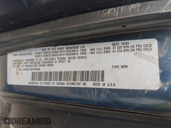 2005 Subaru Legacy Outback with VIN 4S4BP61C657345365, listed as a IAAI auction lot 41911032 with 99,635 mi miles and . Bid and sale history available at DreamBid. Image 9.