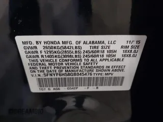 2016 Honda Pilot EX-L with VIN 5FNYF6H58GB045476, listed as a IAAI auction lot 42062966 with 102,290 mi miles. Bid and sale history available at carsss.com. Image 9.