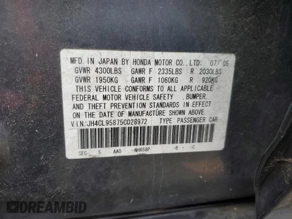 2005 Acura TSX z VIN JH4CL95875C028972, wystawiony jako Copart lot #83434264 z przebiegiem 242 908 mil mil oraz Czysty tytuł • Clean title. Historia ofert i sprzedaży dostępna na DreamBid. Obrazek 12.