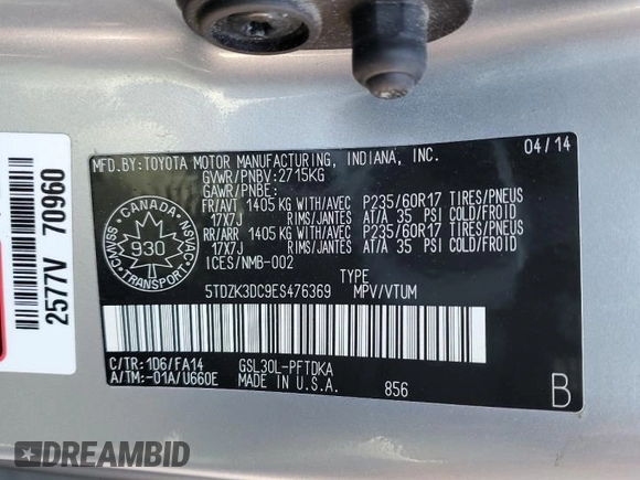 2014 Toyota Sienna L with VIN 5TDZK3DC9ES476369, listed as a Copart auction lot 48244165 with 123,574 mi miles and Salvage Title. Bid and sale history available at carsss.com. Image 14.