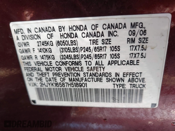 2007 Honda Ridgeline RTL with VIN 2HJYK16587H518901, listed as a IAAI auction lot 42762425 with 206,243 mi miles and . Bid and sale history available at DreamBid. Image 9.