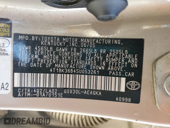 2005 Toyota Avalon XL with VIN 4T1BK36B45U053261, listed as a Copart auction lot 49347705 with 198,548 mi miles and Salvage Title. Bid and sale history available at DreamBid. Image 12.